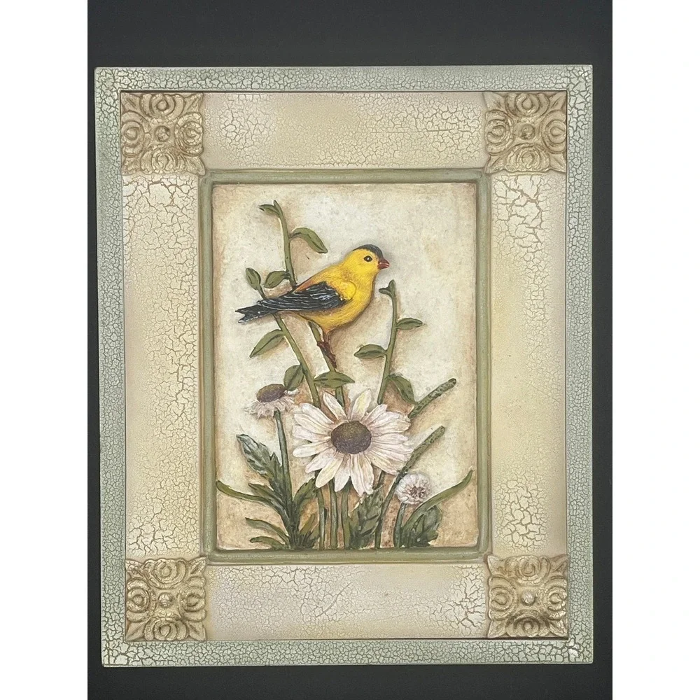 3pc Vtg Bird Wall Plaques Crackle Frame Bluebird Goldfinch Sparrow Art 8.5x7